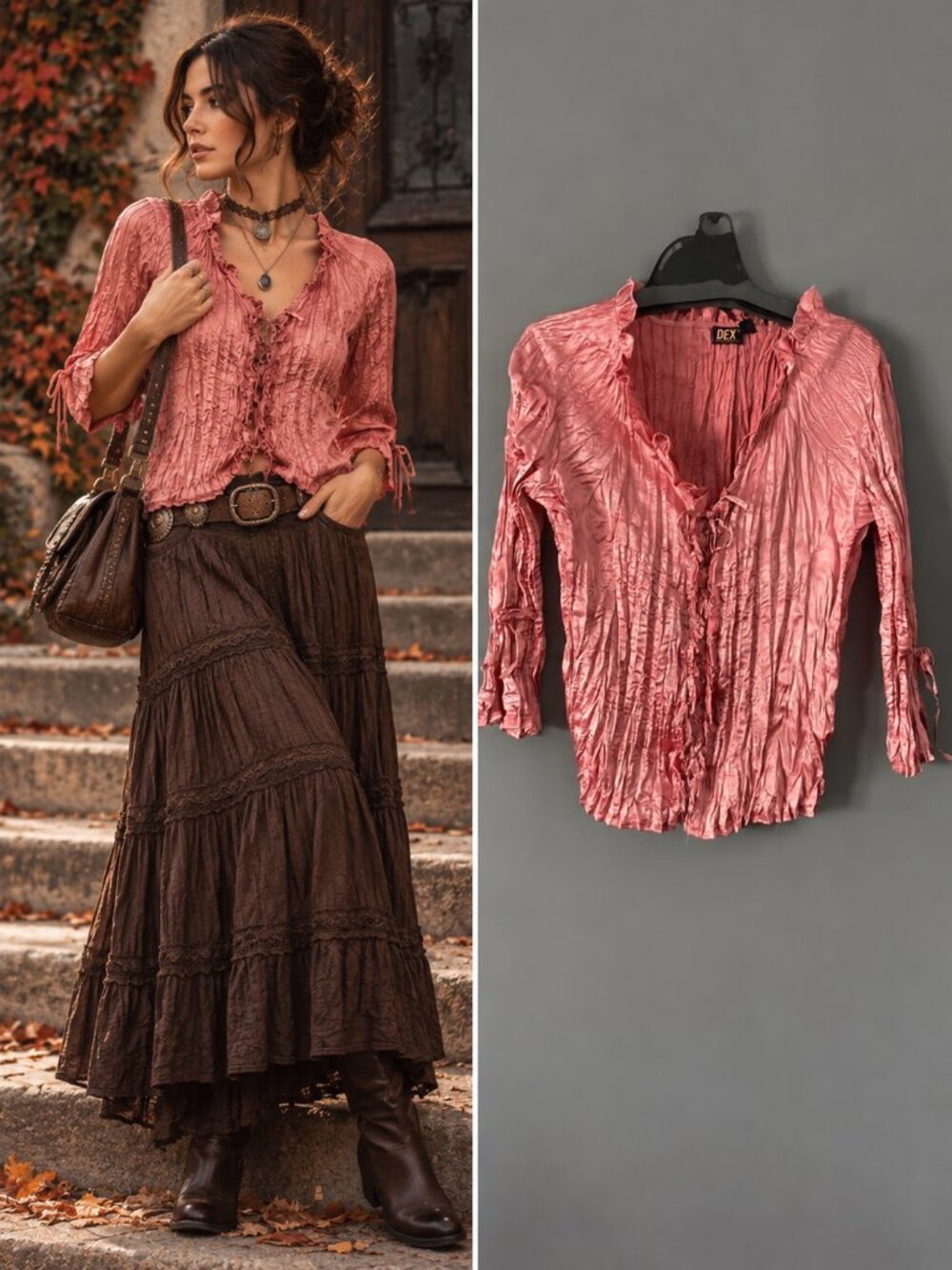 Dex Pink Crinkled Satin Lace Up Ruffle Blouse 3/4 Sleeve Whimsigoth L